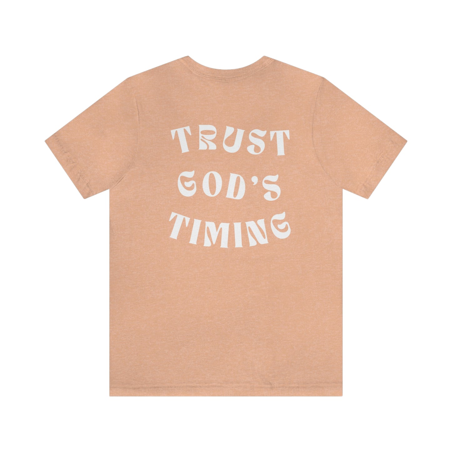 "Trust God's Timing" White Letters Unisex Jersey Short Sleeve Tee