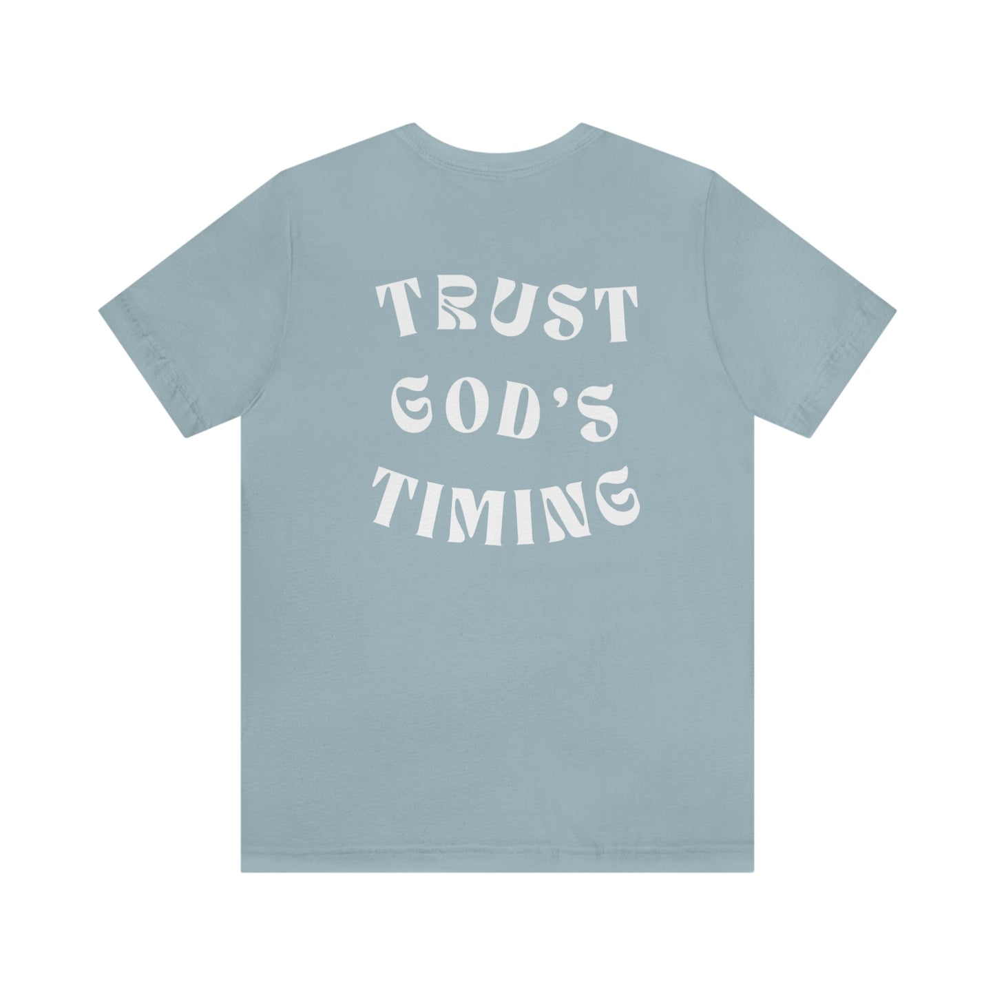 "Trust God's Timing" White Letters Unisex Jersey Short Sleeve Tee