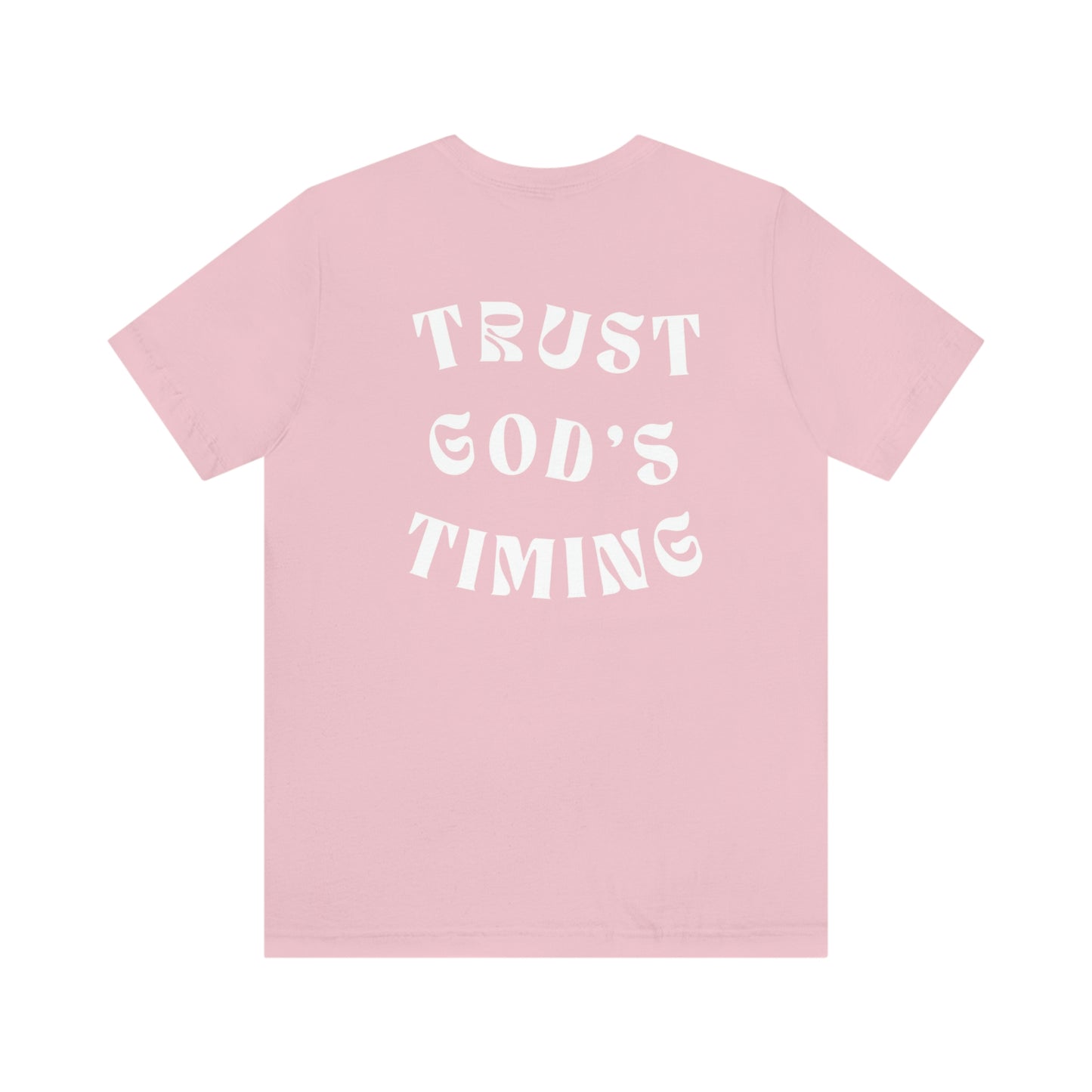 "Trust God's Timing" White Letters Unisex Jersey Short Sleeve Tee