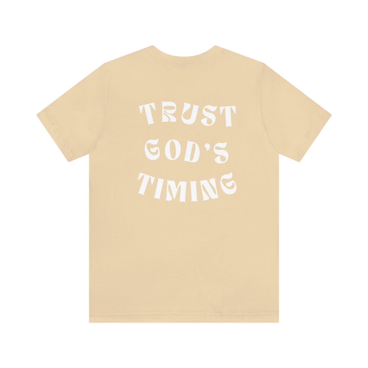 "Trust God's Timing" White Letters Unisex Jersey Short Sleeve Tee